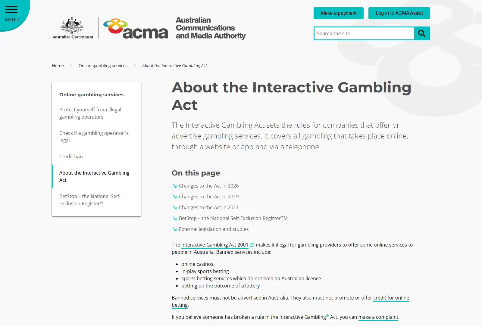 ACMA information about the Interactive Gambling Act and banned online casino services