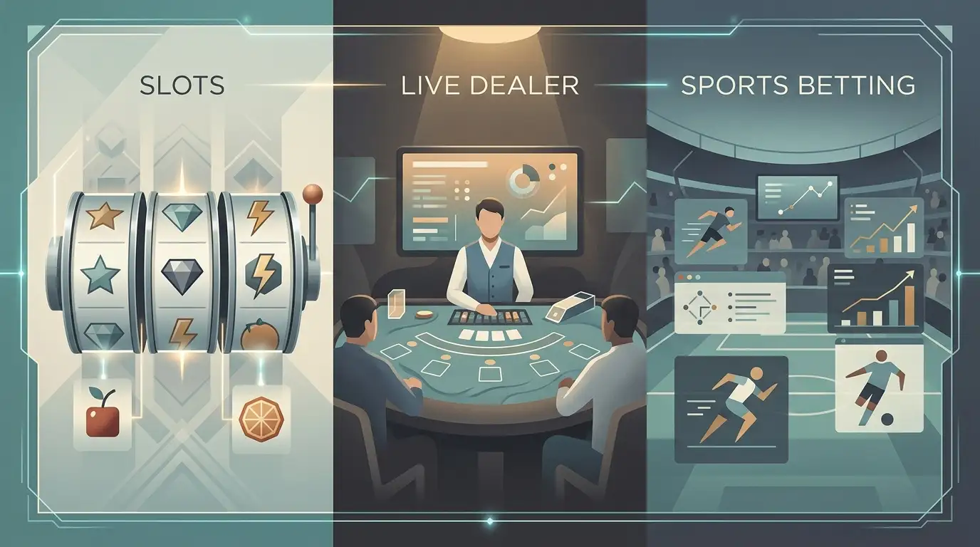 Slots, live dealer games and sports shown as separate gaming categories