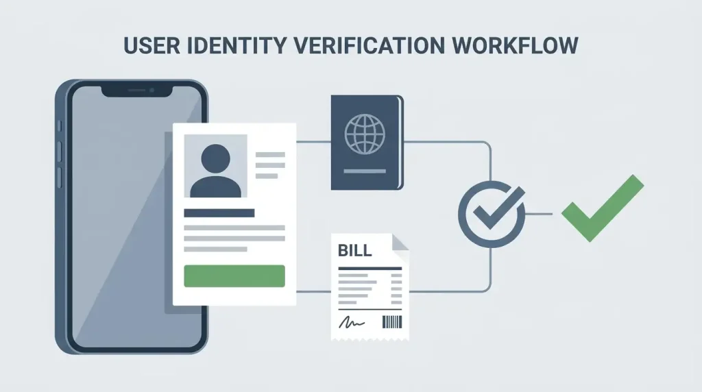 Account registration and identity verification represented by a phone, profile card and document symbols