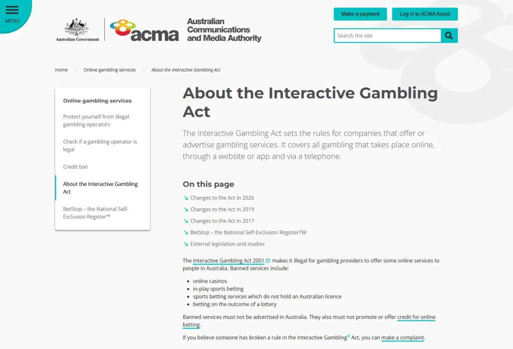 ACMA information about the Interactive Gambling Act and online casino services