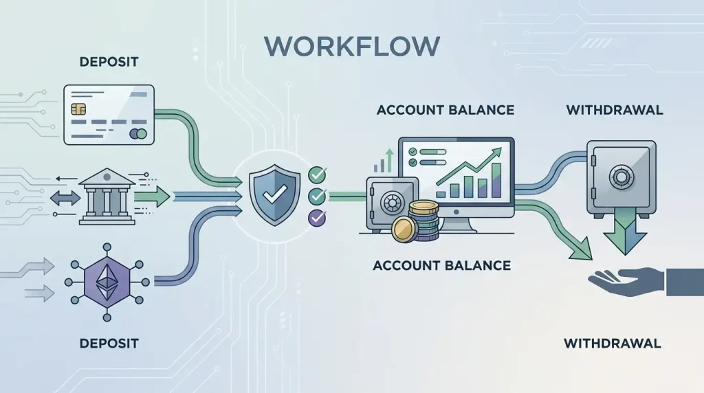 Payment process with card, bank and cryptocurrency symbols