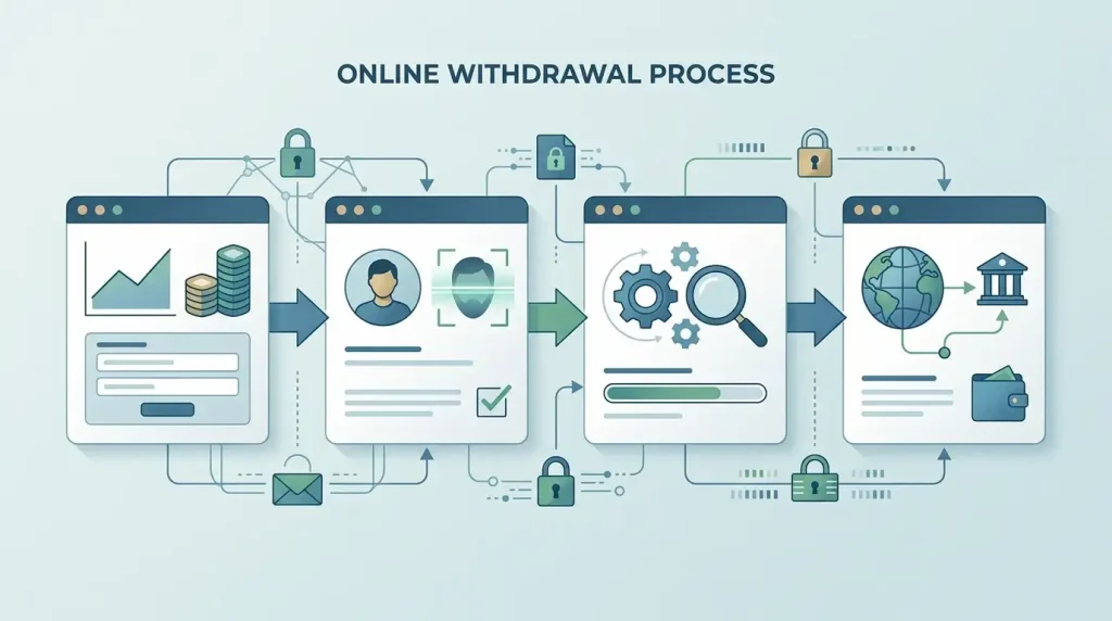 Withdrawal process with account and payment-route checks